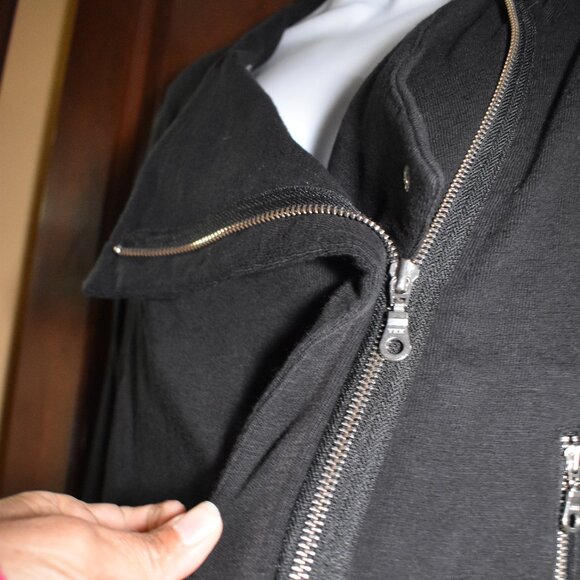 Hi Line Black Cotton Moto Biker Jacket Size Large Asymmetrical Zip - Picture 14 of 16